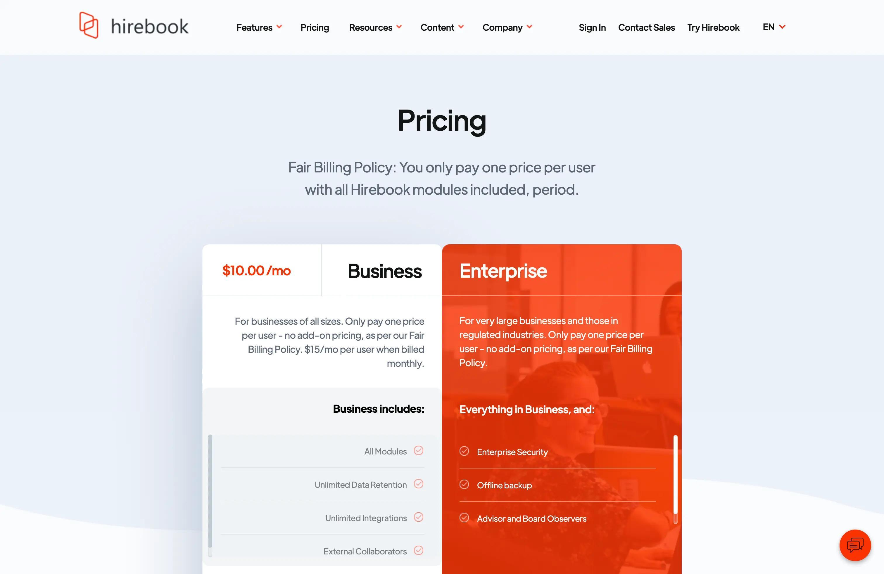 Hirebook software pricing