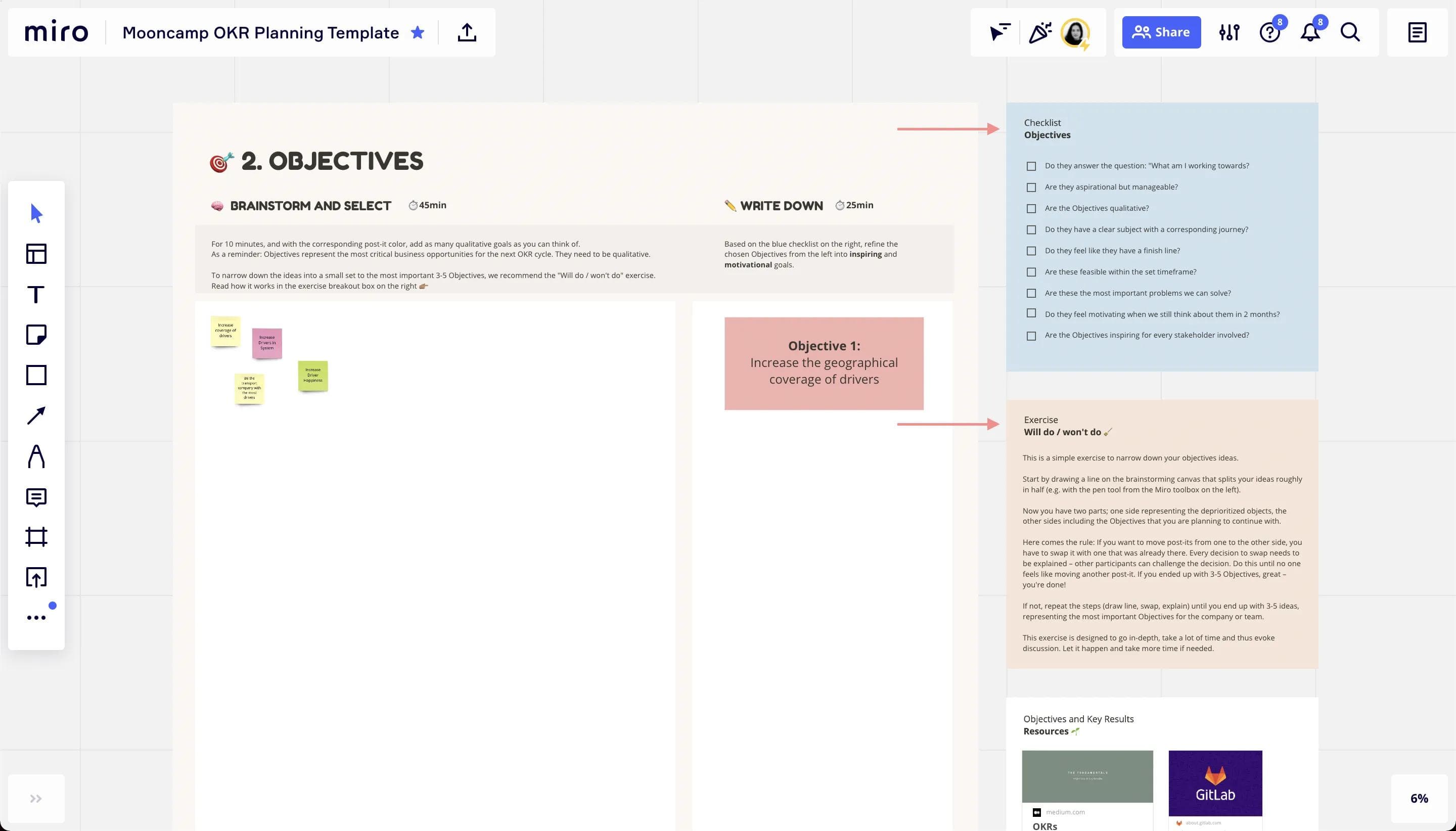 Miro OKR template brainstorming