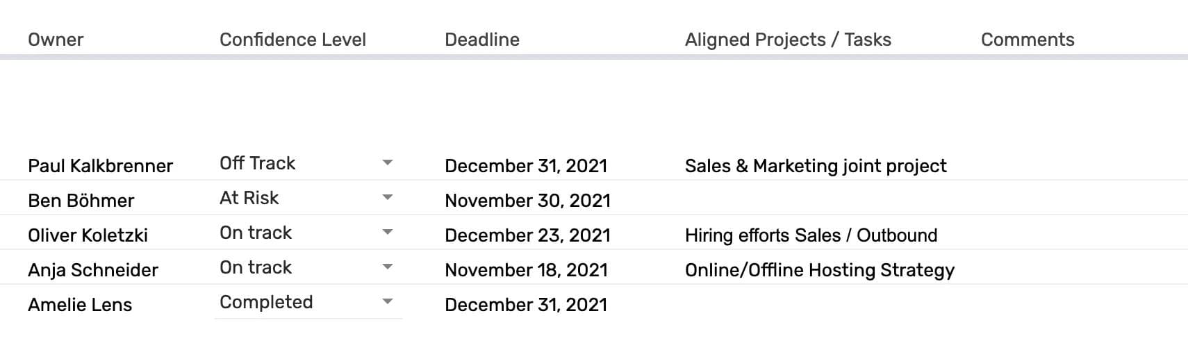 Excel OKR tracking template owners