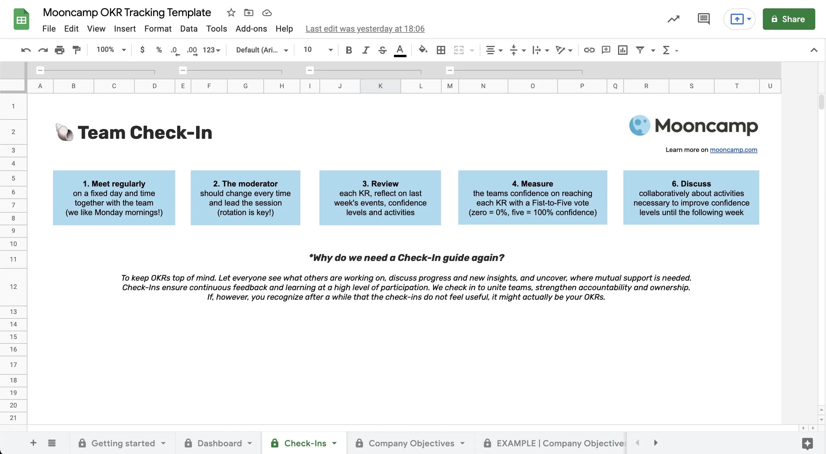 Google Sheets OKR tracking template check-ins