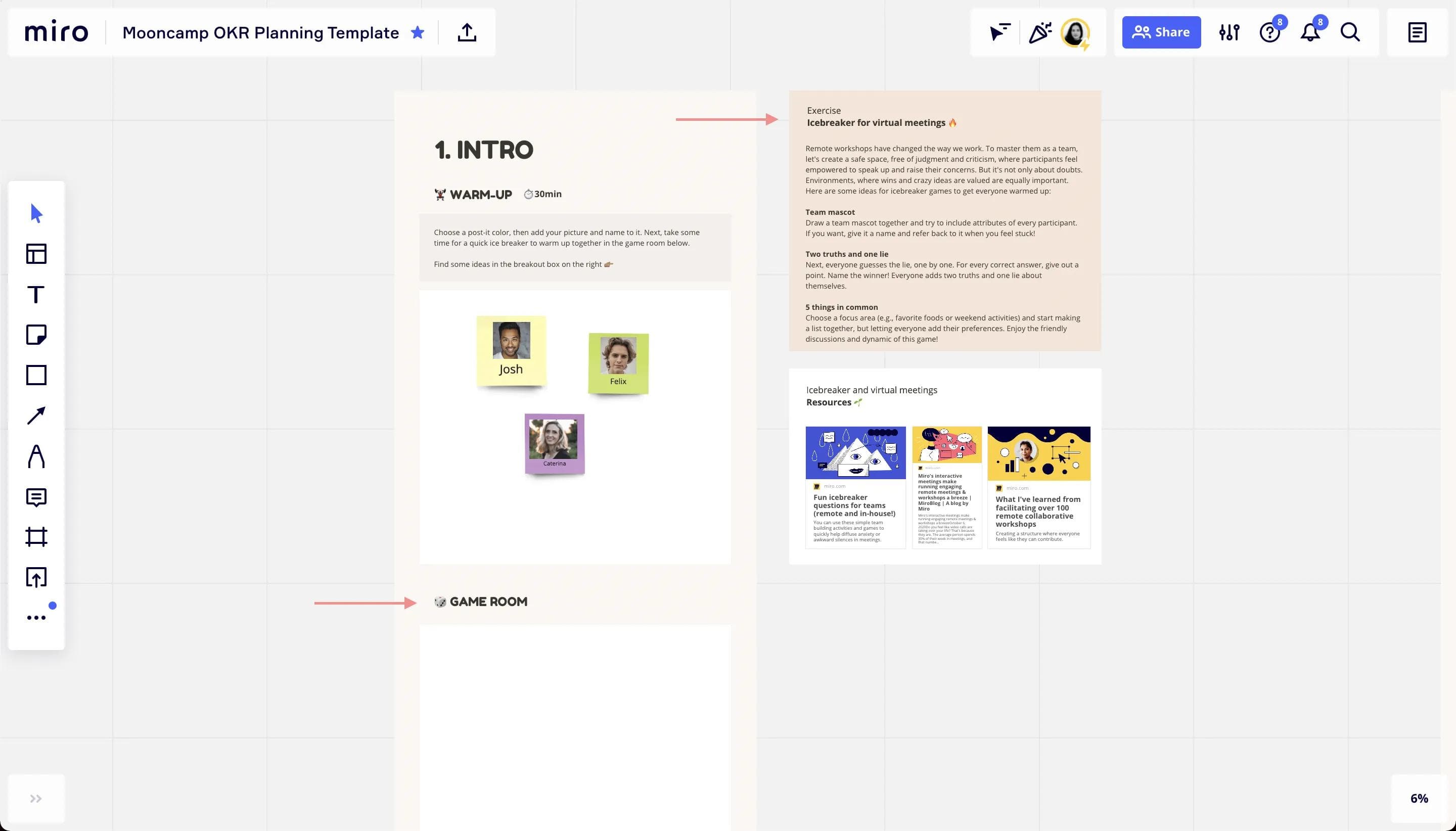 Miro OKR template planning warm-up