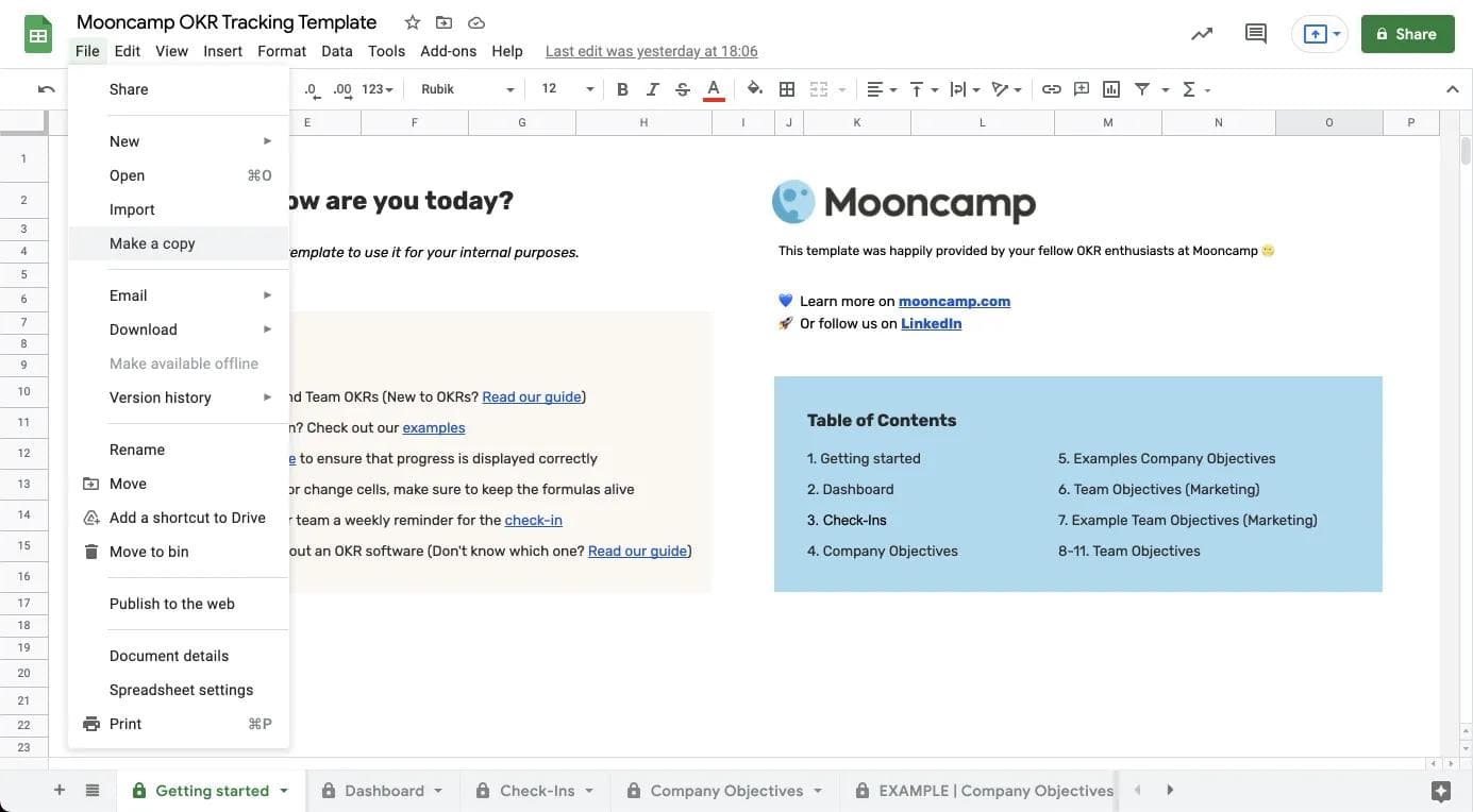 Copy Google Sheets OKR tracking template